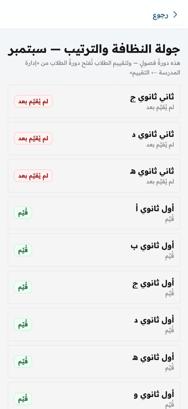 شاشة التقييم: دورة «جولة النظافة والترتيب» وفصول المدرسة بين مقيَّمٍ وغير مقيَّم